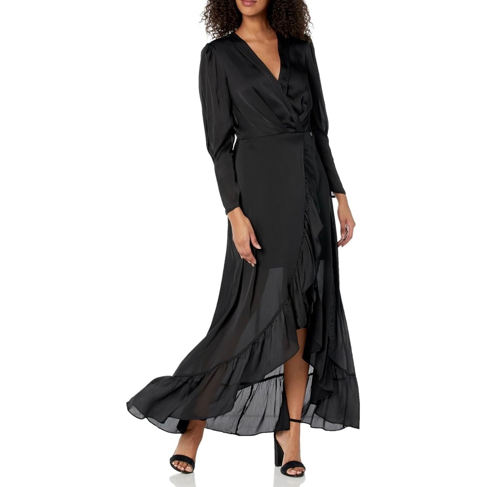 Guess‎ Black Luana Long Dress NWT Wrap Ruffle High Low V Neck XS Cocktail Party